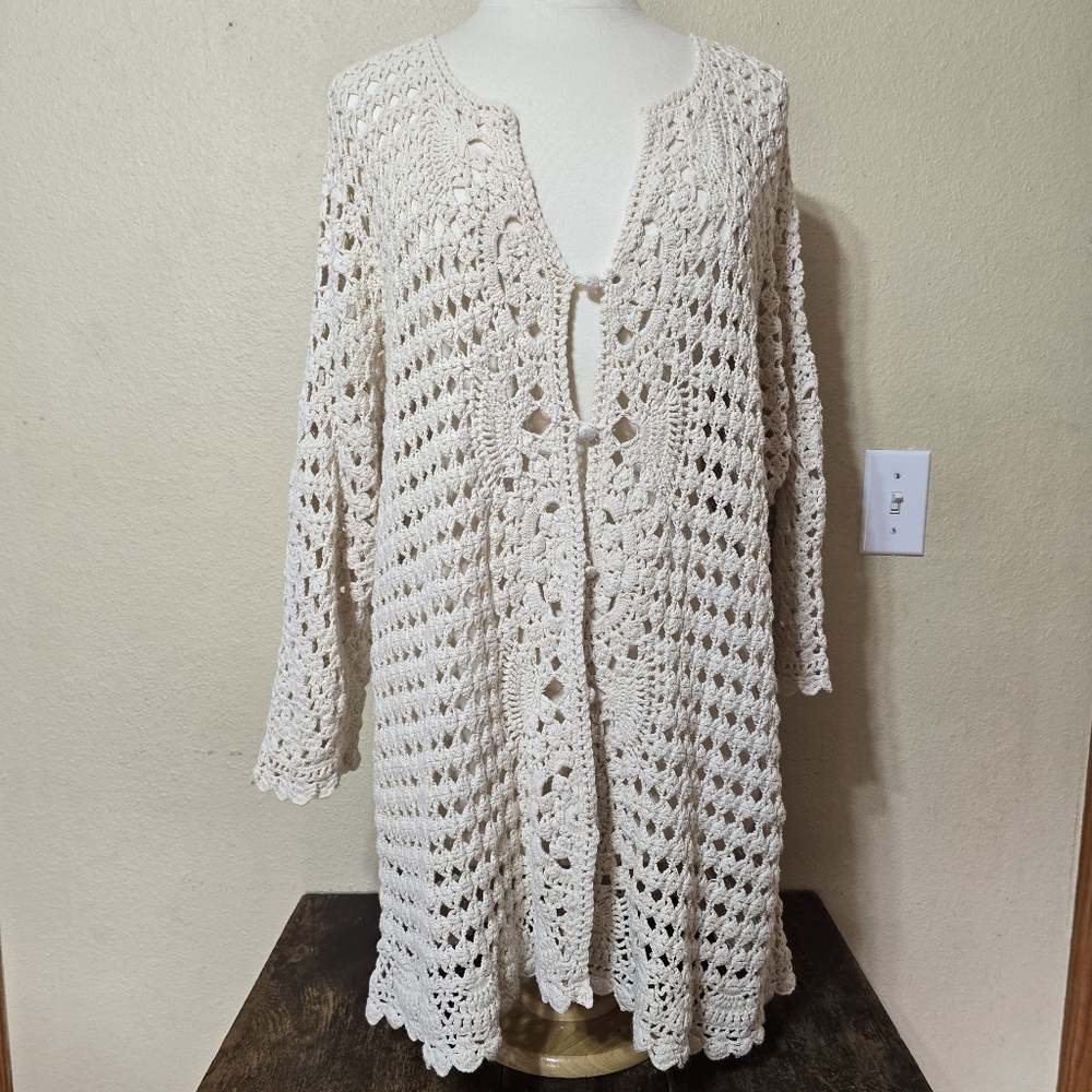 VINTAGE Crocheted Handmade Cardigan Sweater Ivory Hippie Boho*Pics4size*